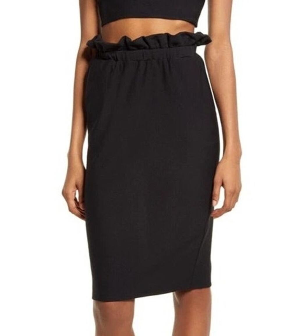 Katie May Paperbag Ruffle Waist Pencil Skirt XS Black Pockets Tailored Office